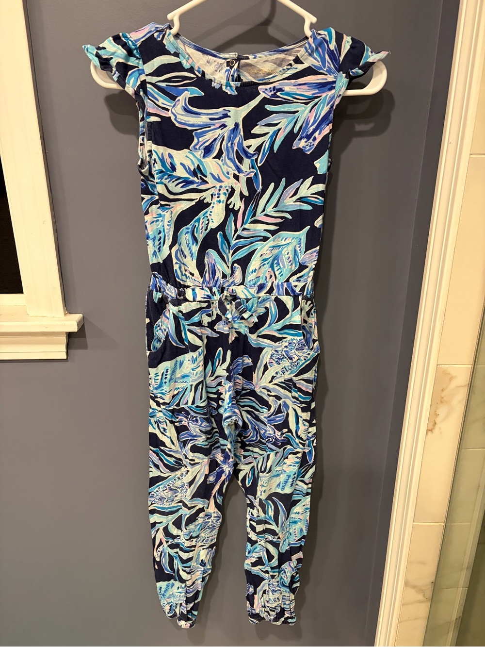 Lilly Pulitzer Navy Blue Tropical Leaf Print Jumpsuit